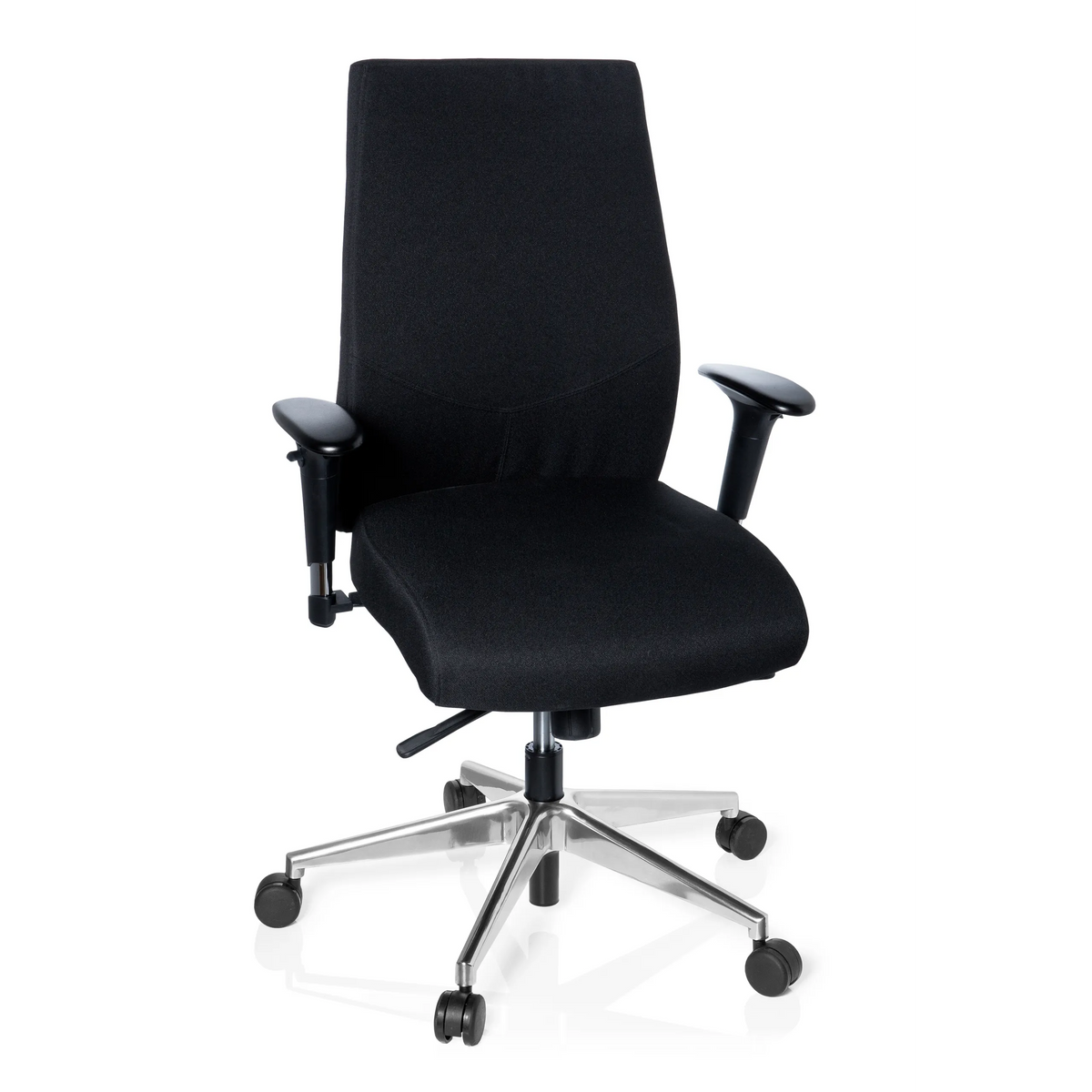 Silla de oficina profesional PRO-TEC 250 negra con reposabrazos y base de cinco ruedas de hjh OFFICE – vista de 360° (vista frontal 20°)