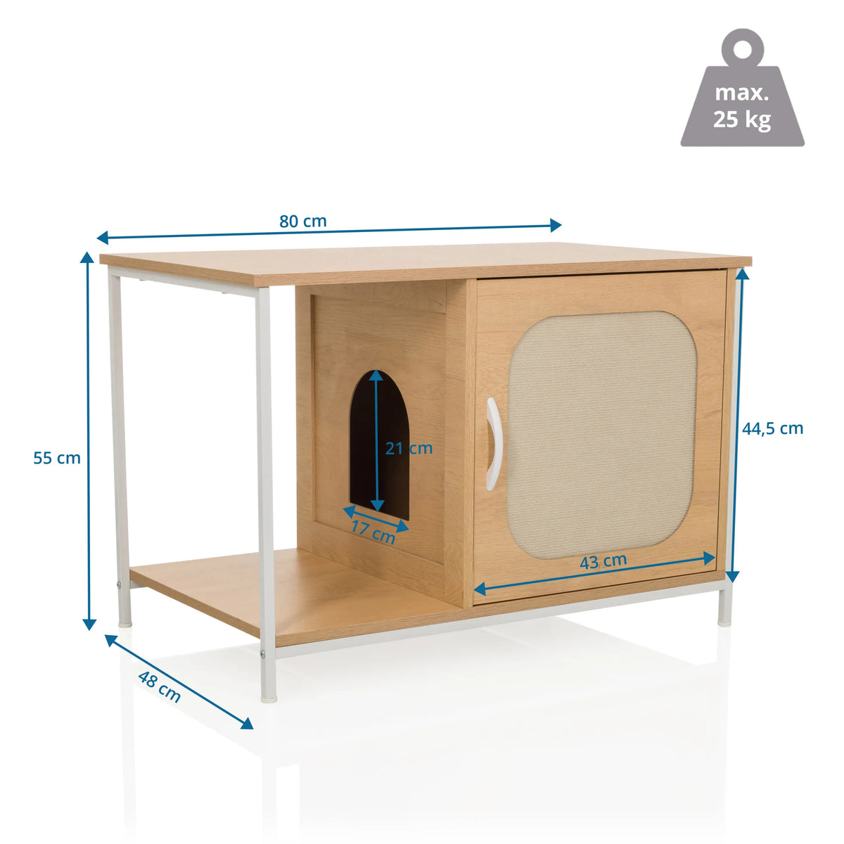 Maßzeichnung des Katzenhauses KITTYHOME 1 in Buche mit 80 × 48 cm von hjh LIVING