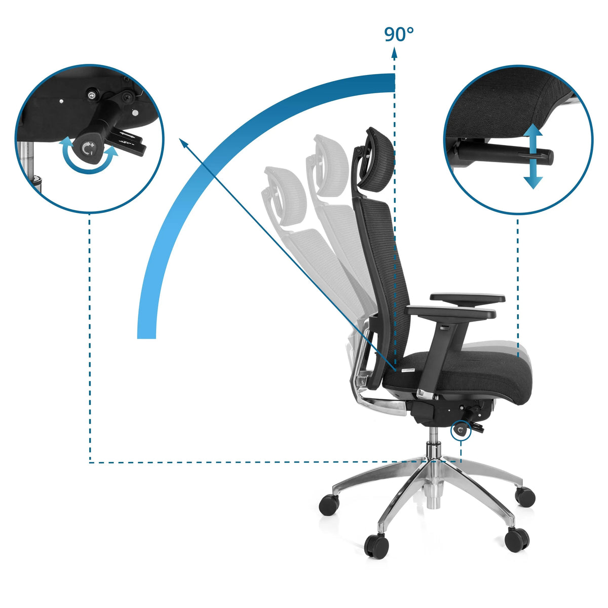 Respaldo ajustable con ángulo de 90 grados y ajuste de altura del asiento de la Silla de oficina profesional ASTRA LUX de hjh OFFICE