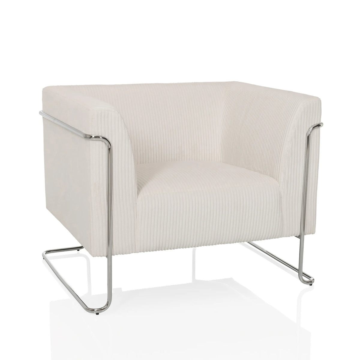 Sillón de diseño Curacao Cord blanco con tapicería acanalada y estructura cromada de hjh LIVING – vista de 360° (vista frontal 15°)