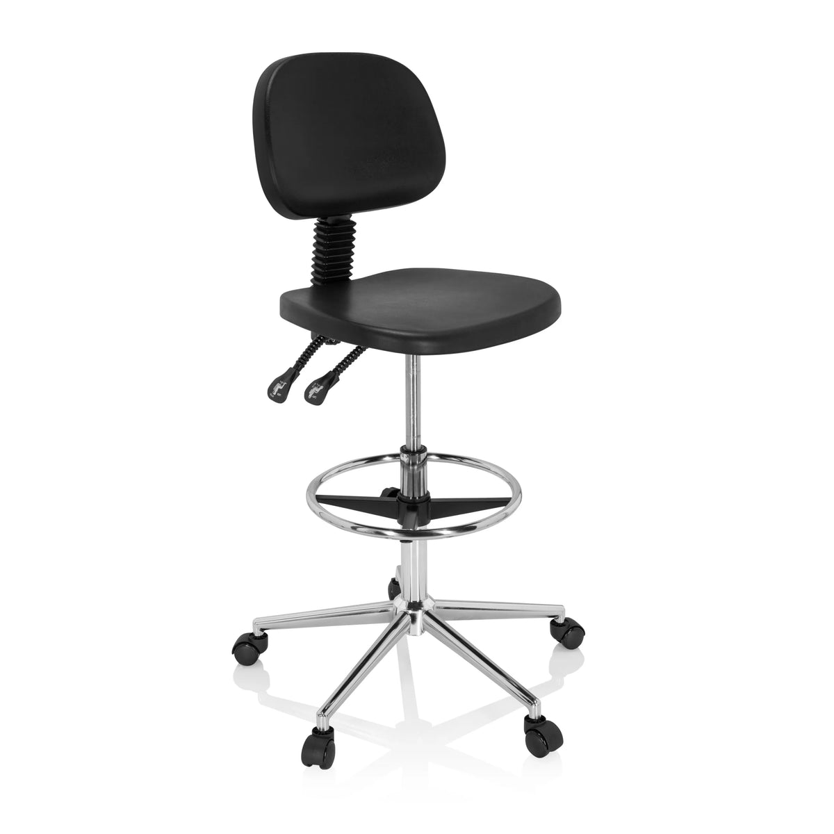 Silla de mostrador negra TOP WORK 24 I con reposapiés y base de cinco ruedas de hjh OFFICE – vista de 360° (vista frontal en diagonal 40°)