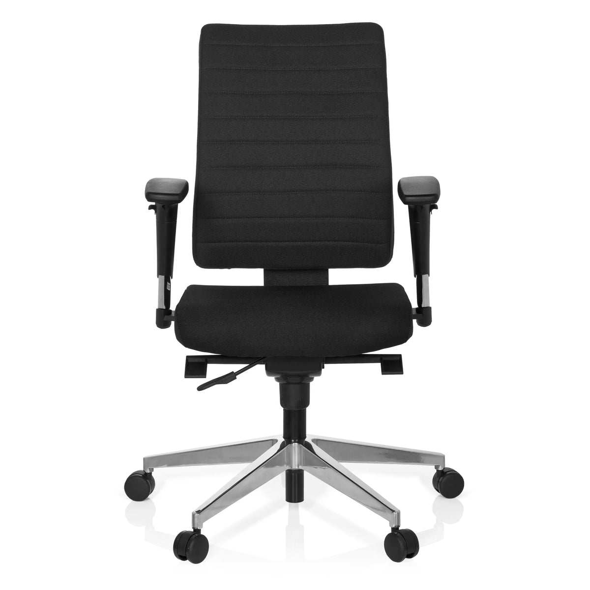 Silla de oficina profesional PRO-TEC 350 negra con reposabrazos y base plateada de cinco ruedas de hjh OFFICE – vista de 360° (vista frontal 0°)