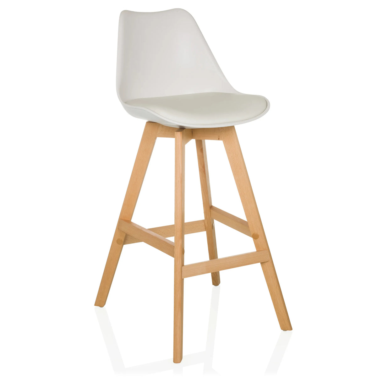 Taburete de bar blanco SCANDI HIGH con estructura de madera y reposapiés de hjh LIVING – vista de 360° (vista frontal en diagonal 30°)