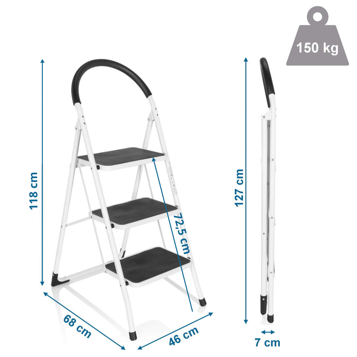 Vista dimensional de la Escalera plegable SOLID W2 con una altura de 118 cm y una carga máxima de 150 kg de hjh OFFICE