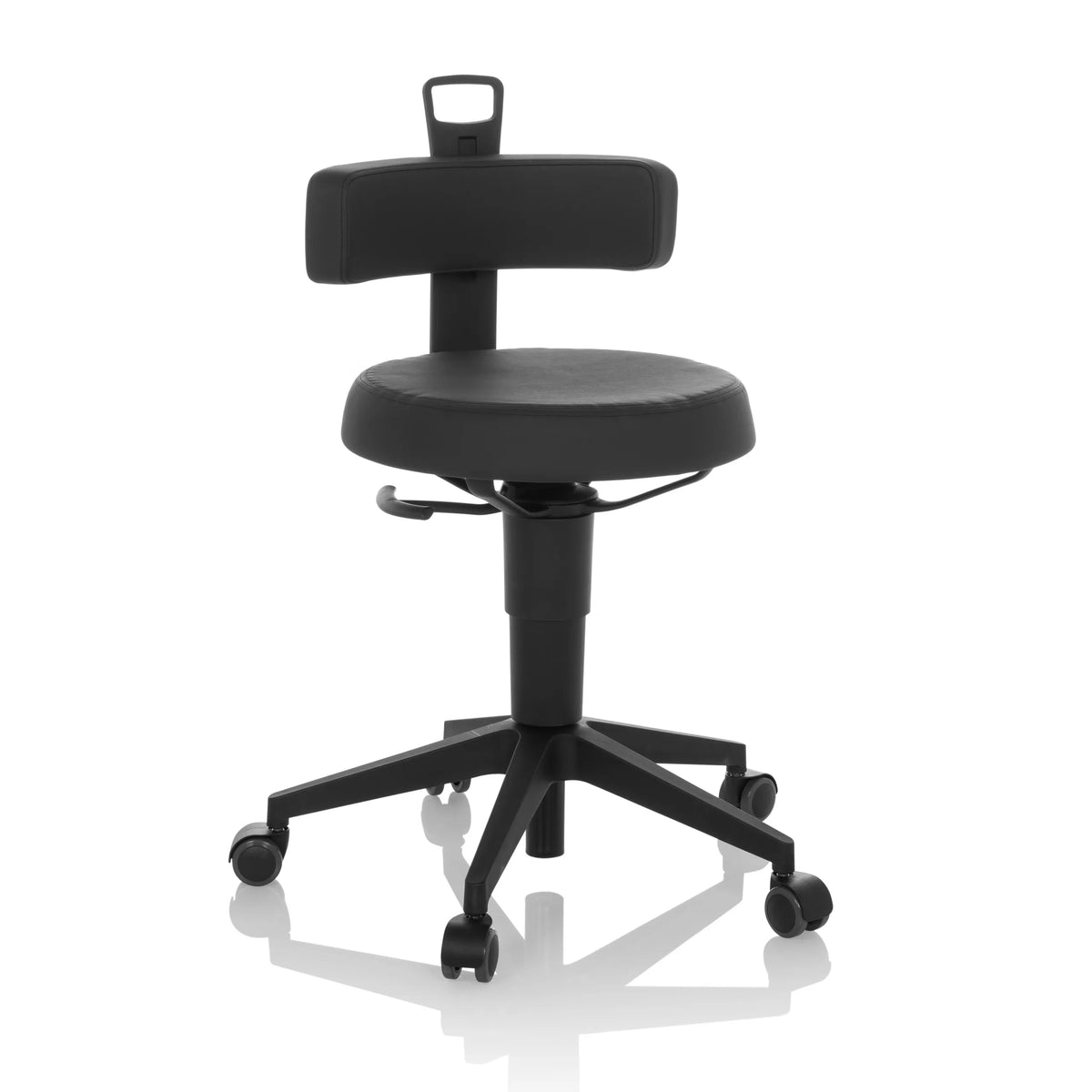 Taburete giratorio TOP WORK FLEX PU negro de cuero sintético con respaldo y base de cinco ruedas de hjh OFFICE – vista de 360° (vista frontal 15°)