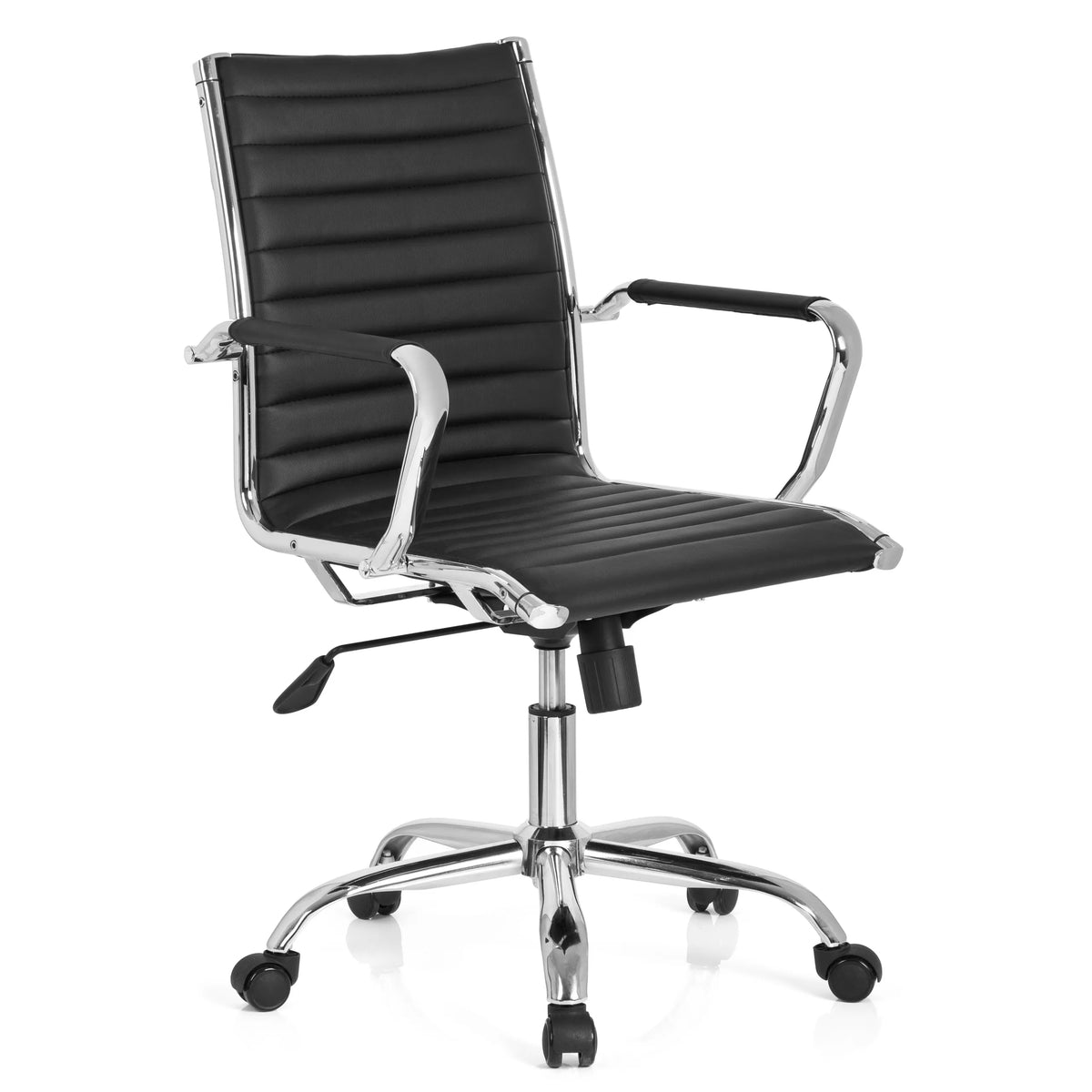 Sillón de oficina profesional VEMONA 10 negro con costura transversal y base de cinco ruedas de hjh OFFICE – vista de 360° (vista frontal en diagonal 40°)