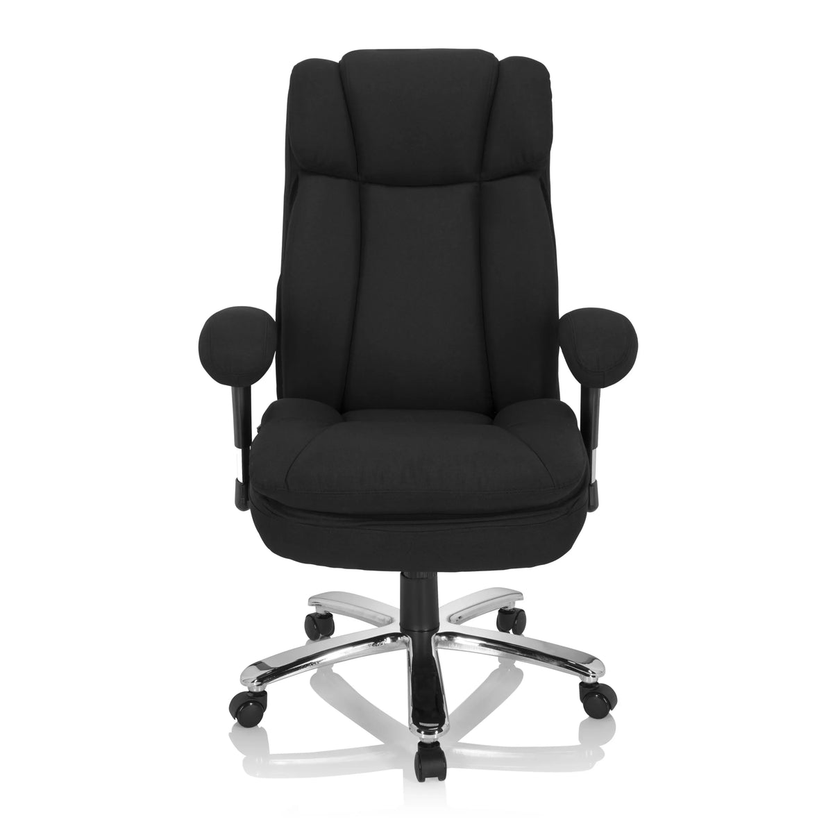 Silla giratoria BUILDER XXL I negra con tapizado de tela y una base de cinco ruedas de hjh OFFICE – vista de 360° (vista frontal 0°)
