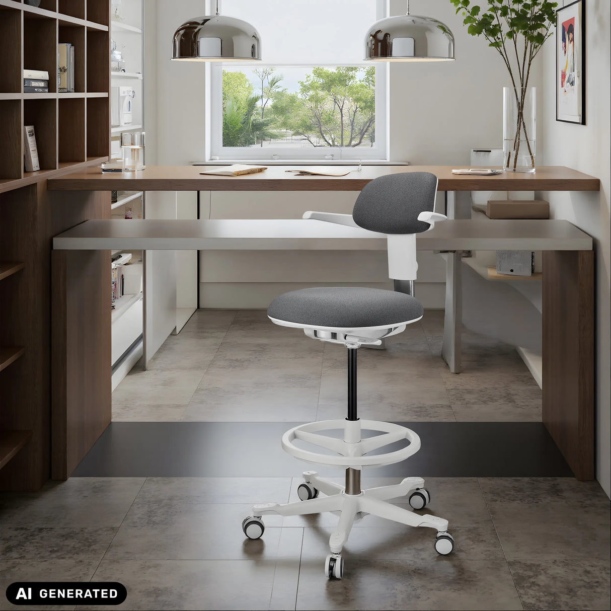 Silla de trabajo TOP WORK 40 W en gris oscuro con base de estrella blanca y aro para los pies de hjh OFFICE (imagen generada por IA)
