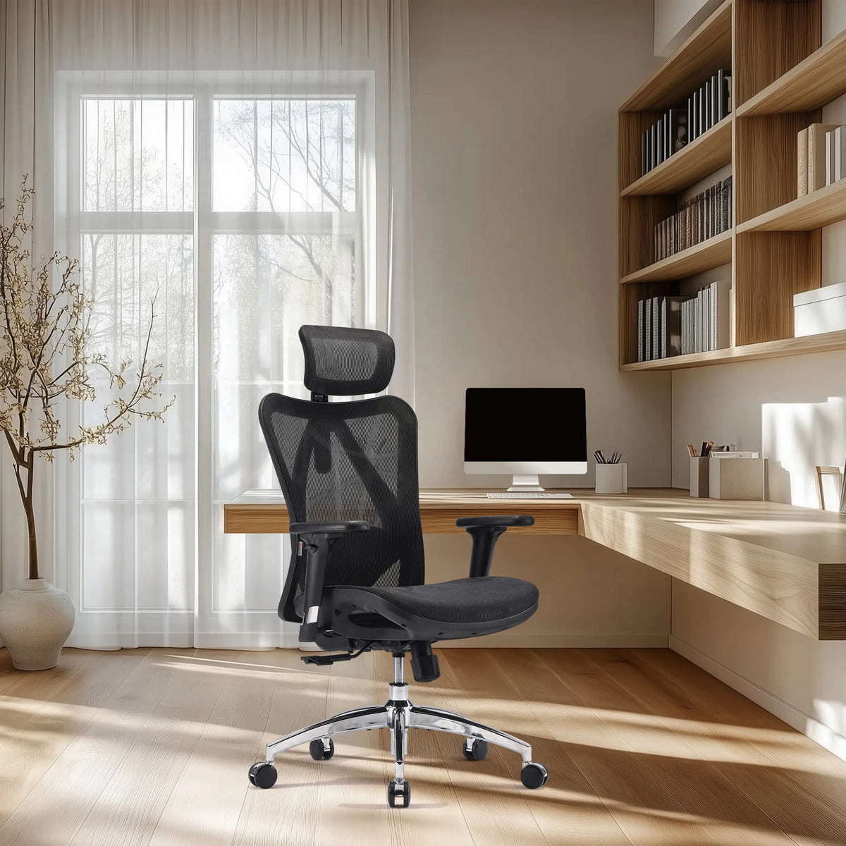 Silla de oficina profesional M57-M015 negra con respaldo de malla y reposacabezas de Sihoo