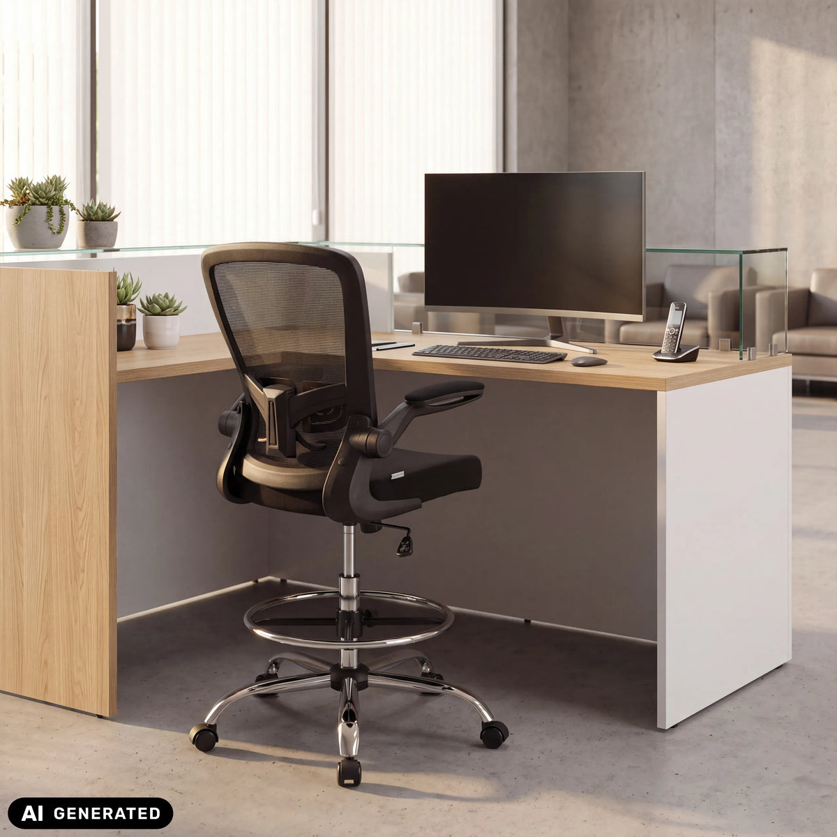 Silla de mostrador VENDO WORK negra con reposapiés en un escritorio de hjh OFFICE (imagen generada por IA)