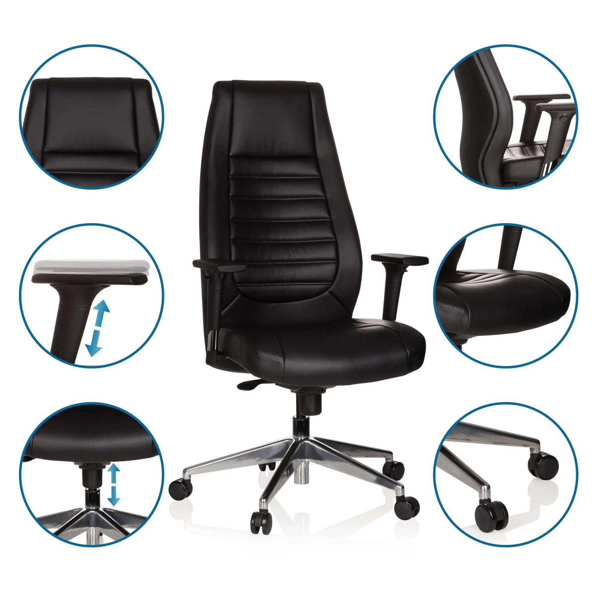 Sillón de oficina profesional VITORO en negro con vistas detalladas de los reposabrazos, altura del asiento y ruedas de hjh OFFICE