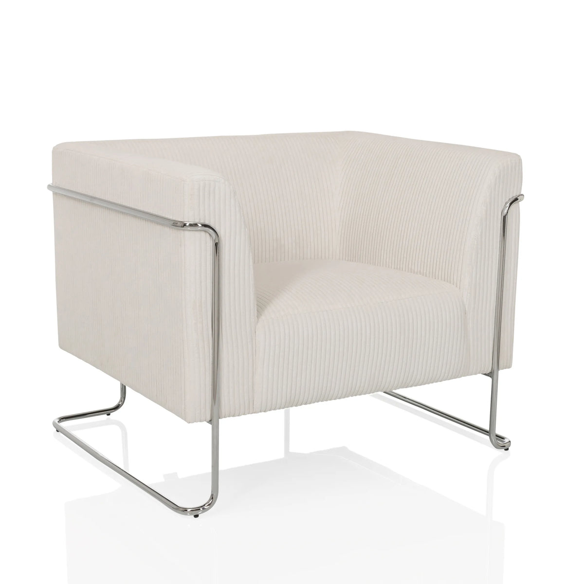 Weißer Loungesessel Curacao Cord mit geripptem Bezug und verchromtem Gestell von hjh LIVING – 360-Grad-Ansicht (schräge Frontansicht 30°)