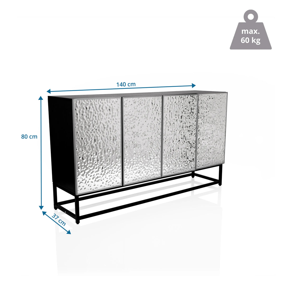 Dibujo dimensional de la Cómoda METALLIO de 140 × 80 cm y una capacidad de carga de 60 kg de hjh LIVING