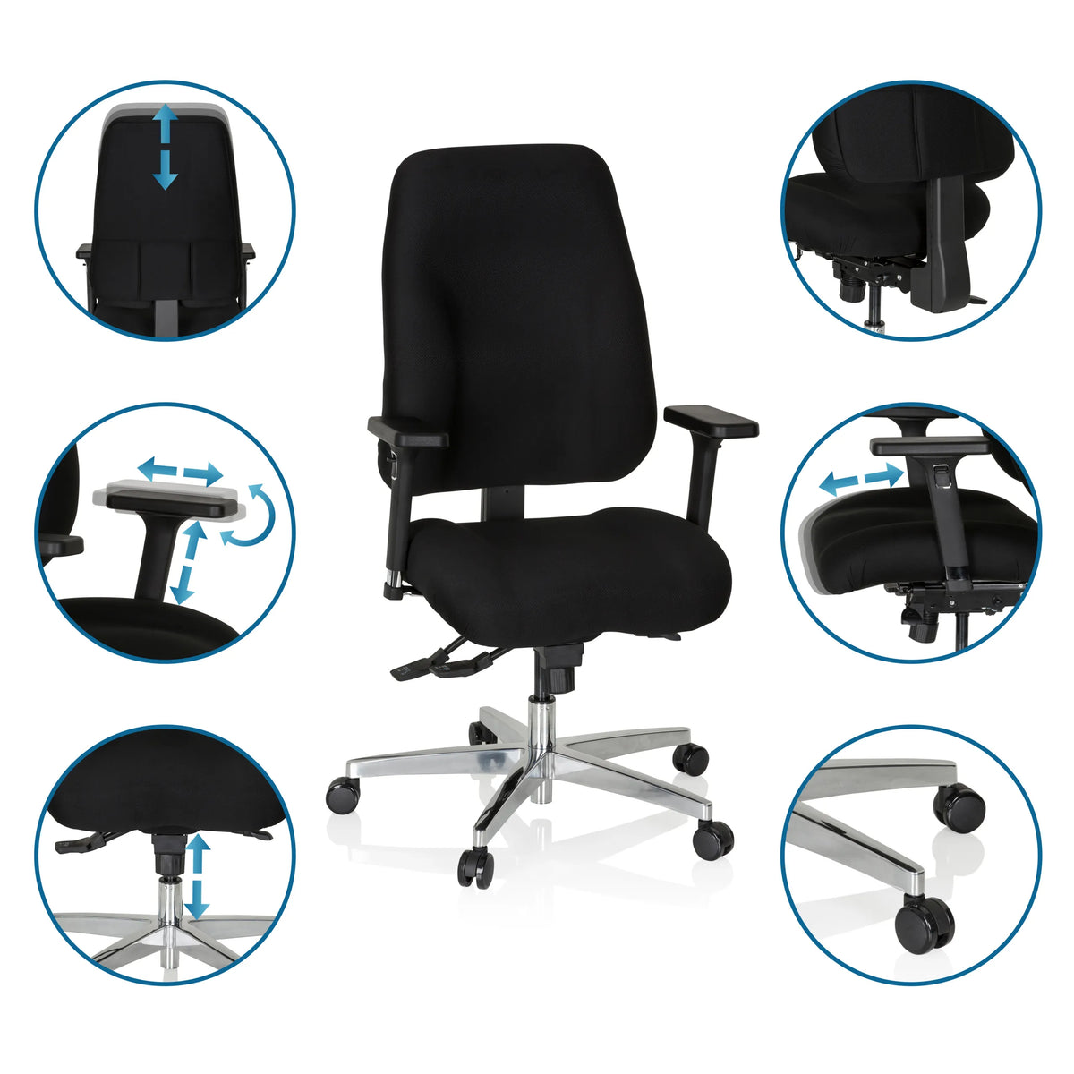 Funciones ajustables de la Silla de oficina profesional ZENIT COMFORT en negro con ruedas y reposabrazos de hjh OFFICE
