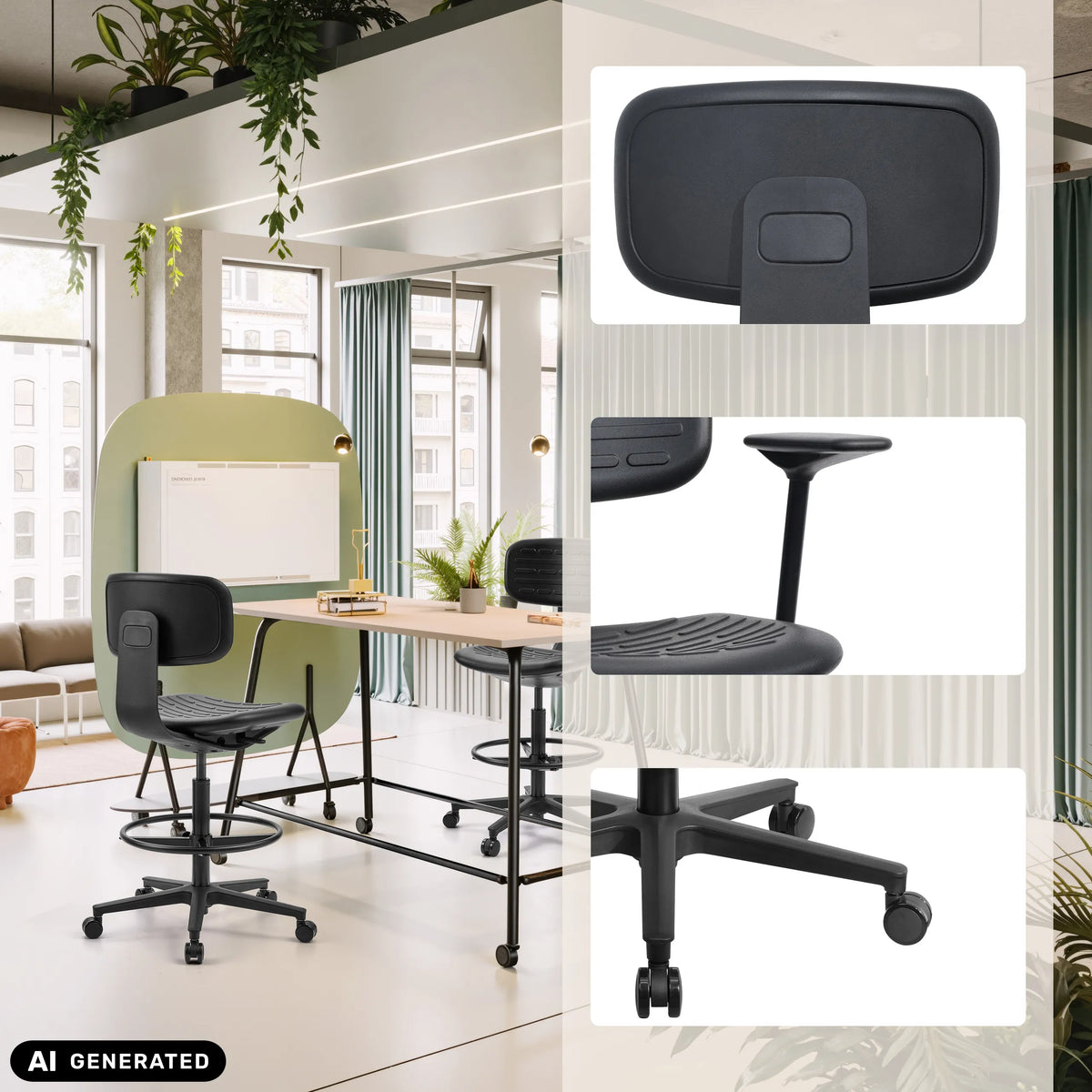 Silla de mostrador TOP WORK B negra con reposapiés y ruedas en diferentes vistas de hjh OFFICE (imagen generada por IA)