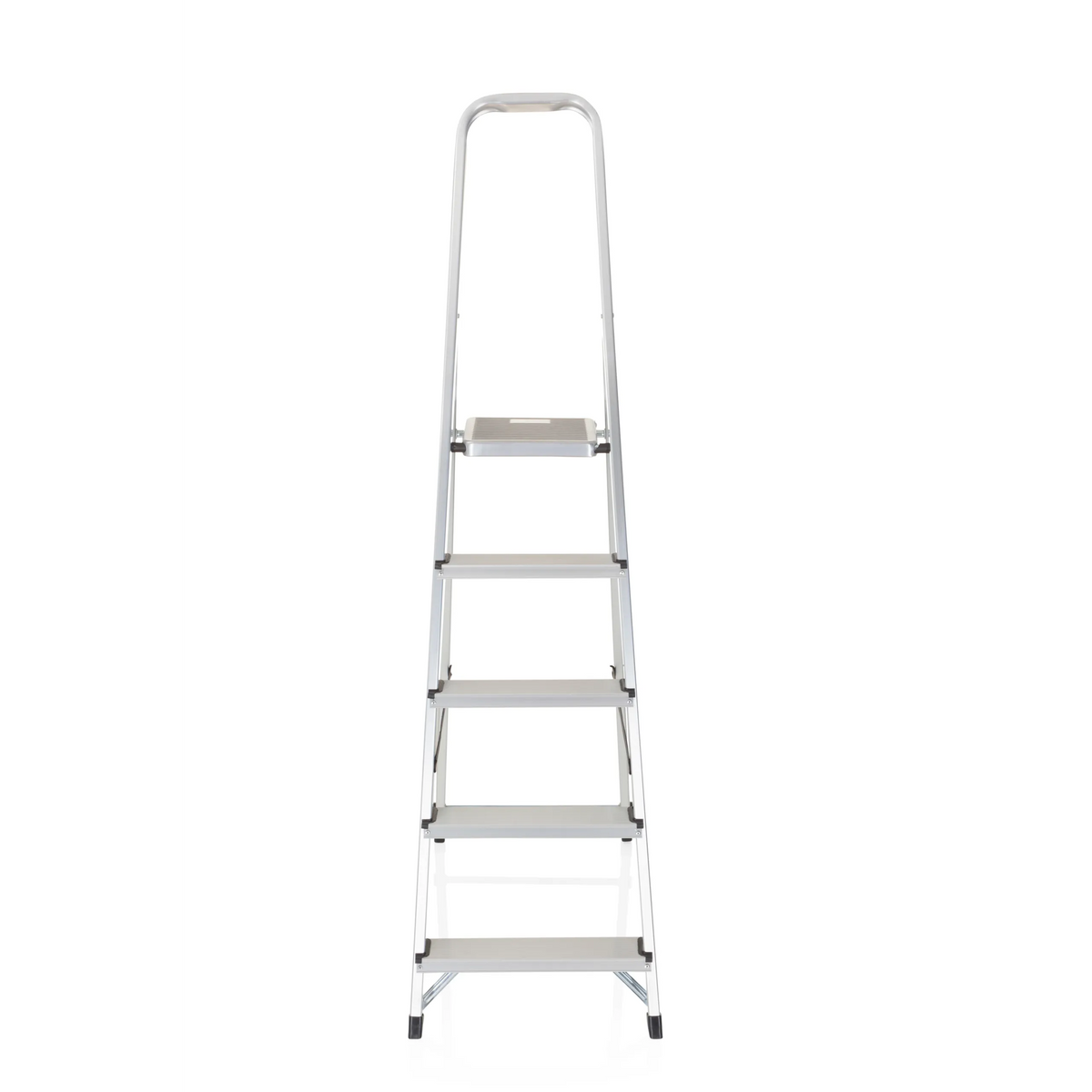 Escalera plegable SOLID III de aluminio plateada con cinco peldaños y asa de hjh OFFICE – vista de 360° (vista frontal 0°)