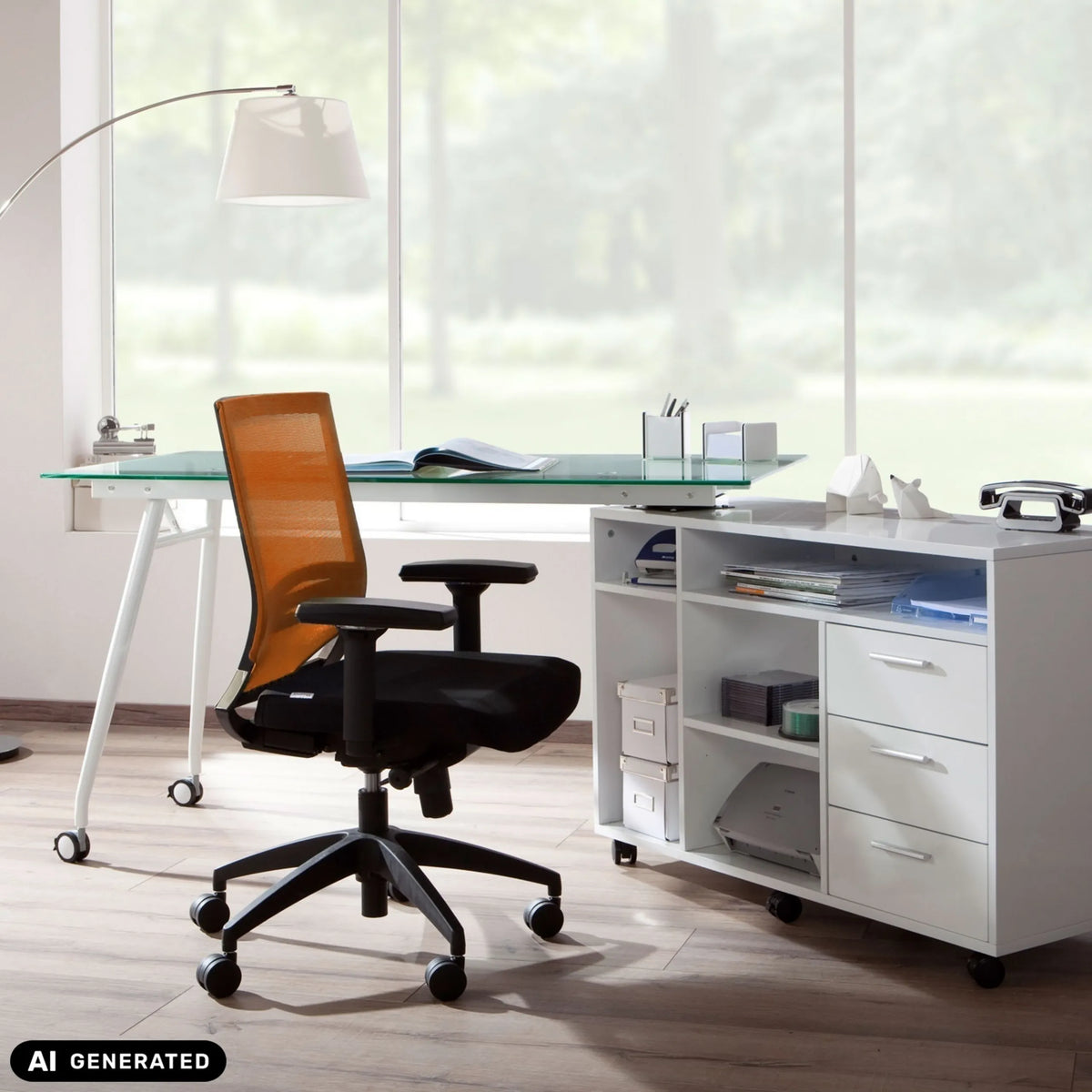 Silla de oficina profesional PORTO BASE en negro y naranja con reposabrazos y ruedas de hjh OFFICE (imagen generada por IA)