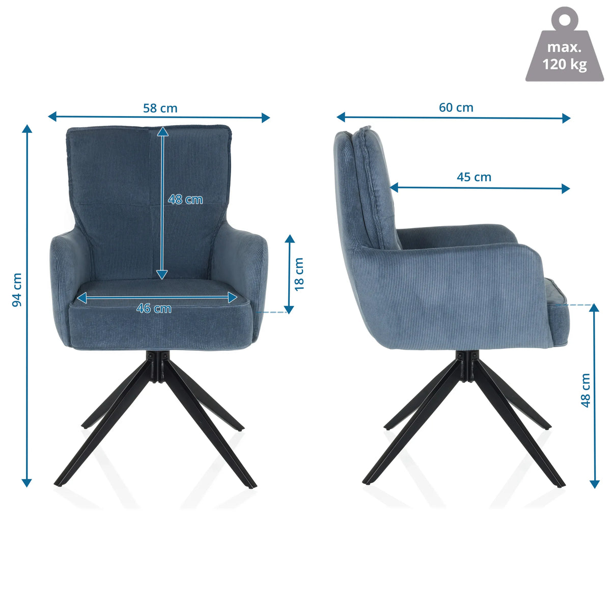 Dibujo dimensional de la silla tapizada TARUGO con una altura total de 94 cm y una anchura de 58 cm de hjh LIVING