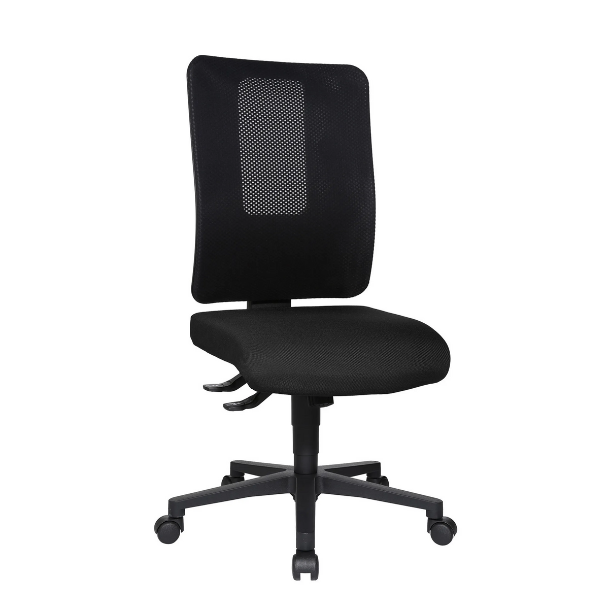 Silla de oficina profesional HJH WORK BASIC negra con respaldo de malla y base de cinco ruedas de Topstar – vista de 360° (vista frontal en diagonal 60°)