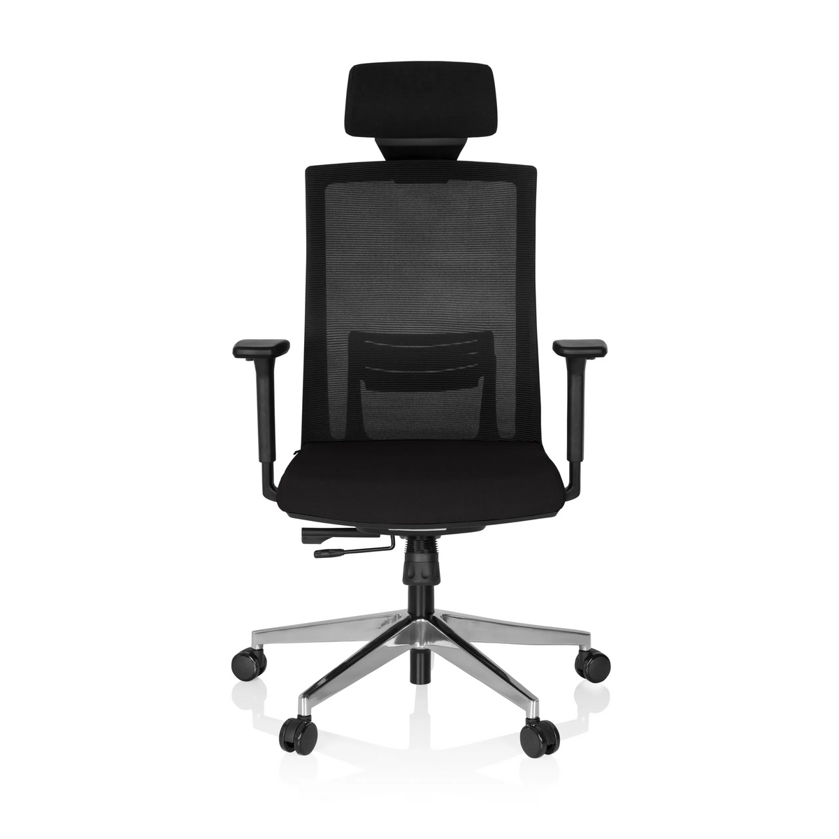 Sillón de oficina profesional CAPTIVA negro con respaldo de malla, reposacabezas y base de cinco ruedas de hjh OFFICE – vista de 360° (vista frontal 0°)