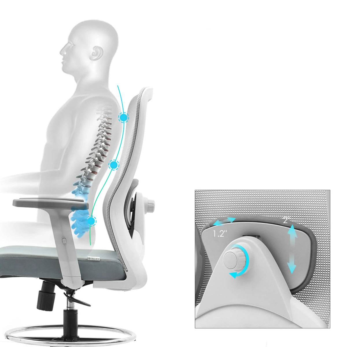 Soporte lumbar ajustable de la silla de mostrador Top Work 44 W con una profundidad de 1,2" de hjh OFFICE