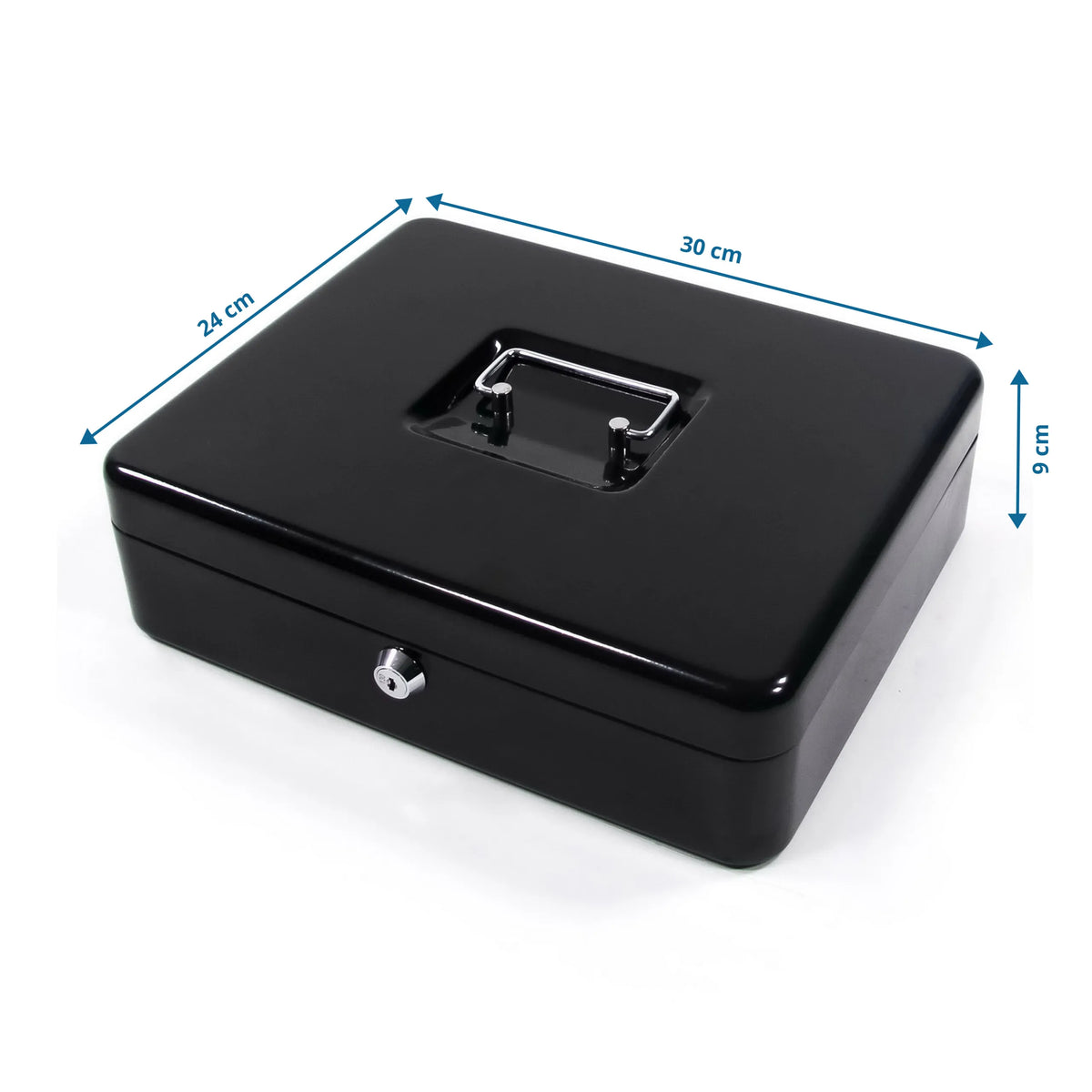 Vista dimensional de la Caja de efectivo SAFE en negro con 30 × 24 cm de hjh OFFICE