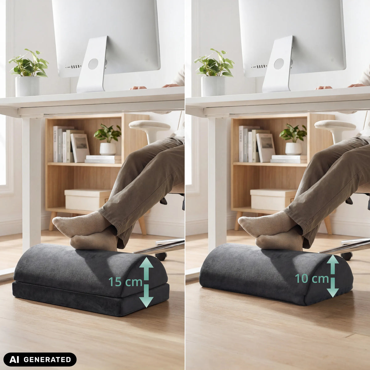 Comparativa de altura del reposapiés Podi Velvet 1 con 10 cm y 15 cm de hjh OFFICE (imagen generada por IA)