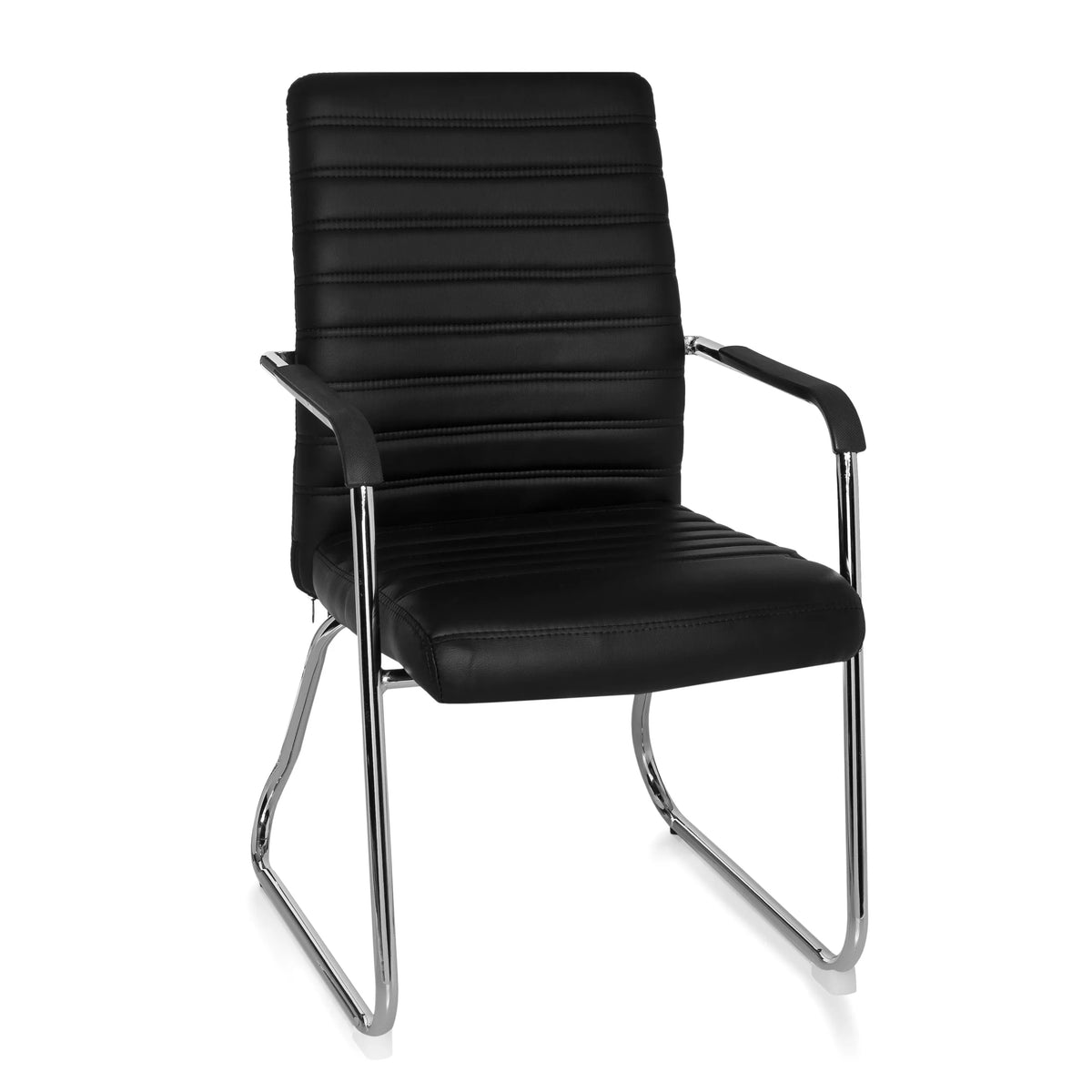 Silla de confidente negra STEEL V con costuras transversales y estructura de patín de hjh OFFICE – vista de 360° (vista frontal 20°)