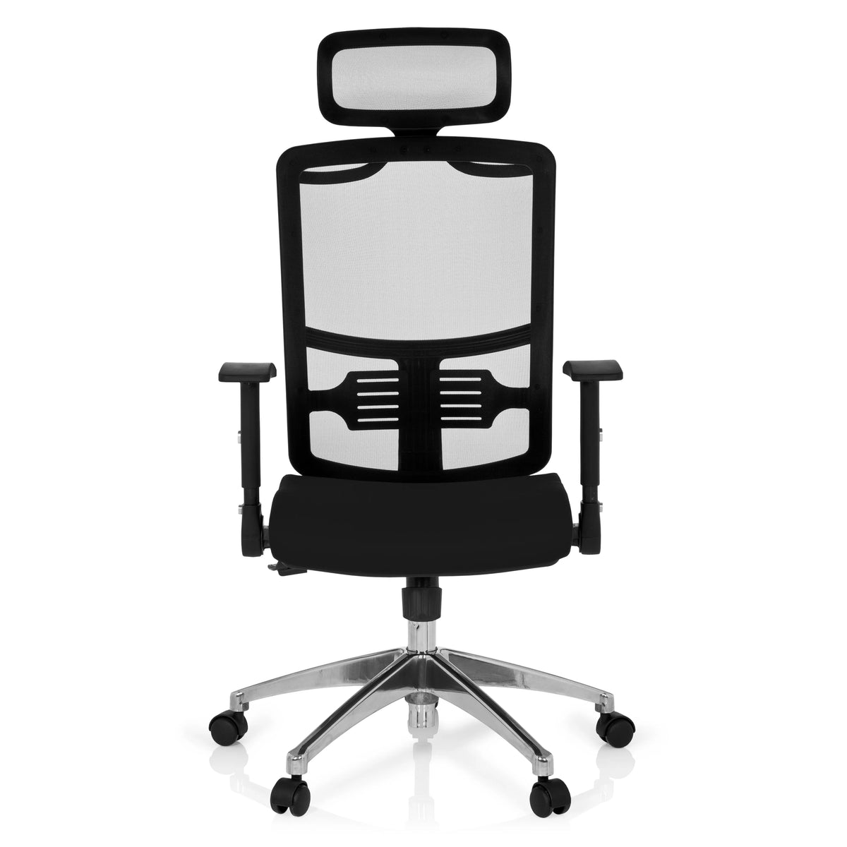Silla de oficina profesional CAYEN negra con respaldo de malla, reposacabezas y base de cinco ruedas de hjh OFFICE – vista de 360° (vista frontal 0°)