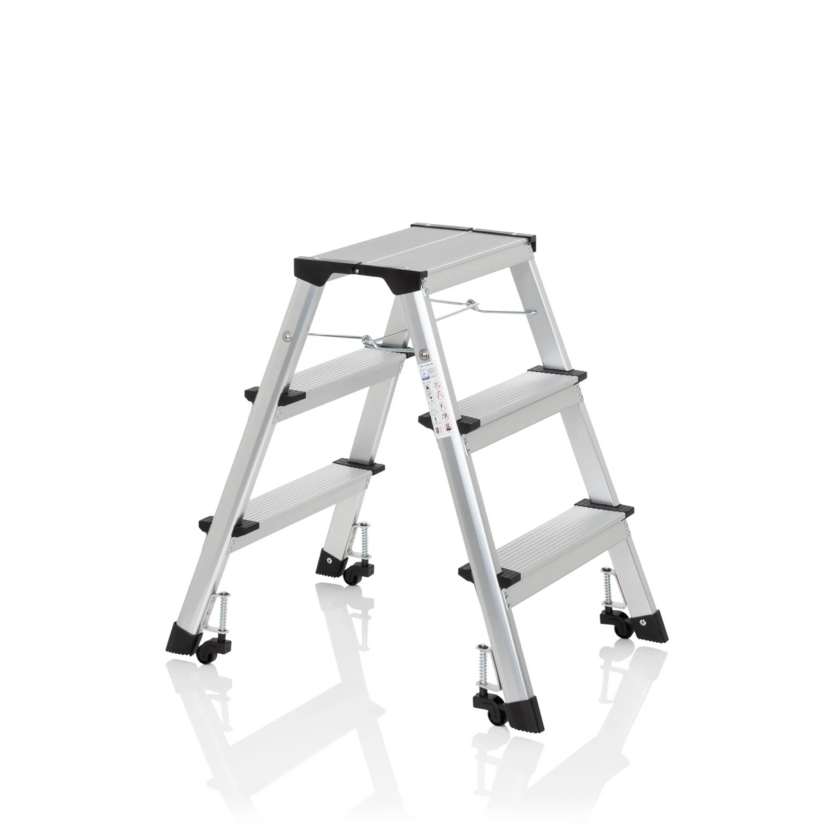 Escalera plegable SOLID IV plateada de aluminio con tres peldaños de hjh OFFICE – vista de 360° (vista frontal en diagonal 60°)