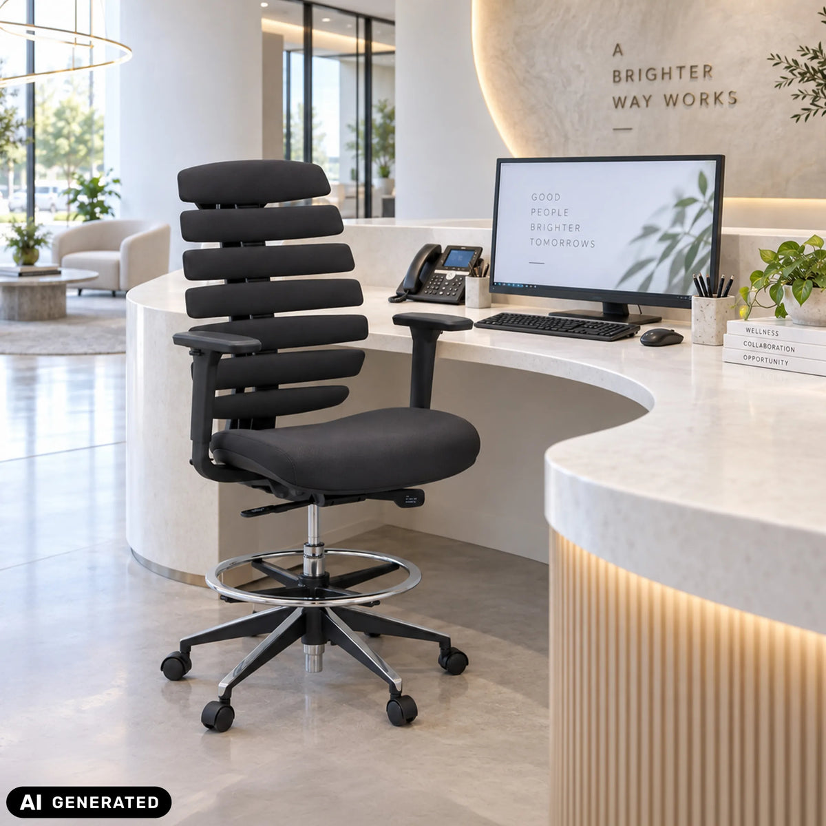 Silla de mostrador ERGO LINE II WORK negra con tapizado de tela, reposapiés y cinco ruedas de hjh OFFICE
