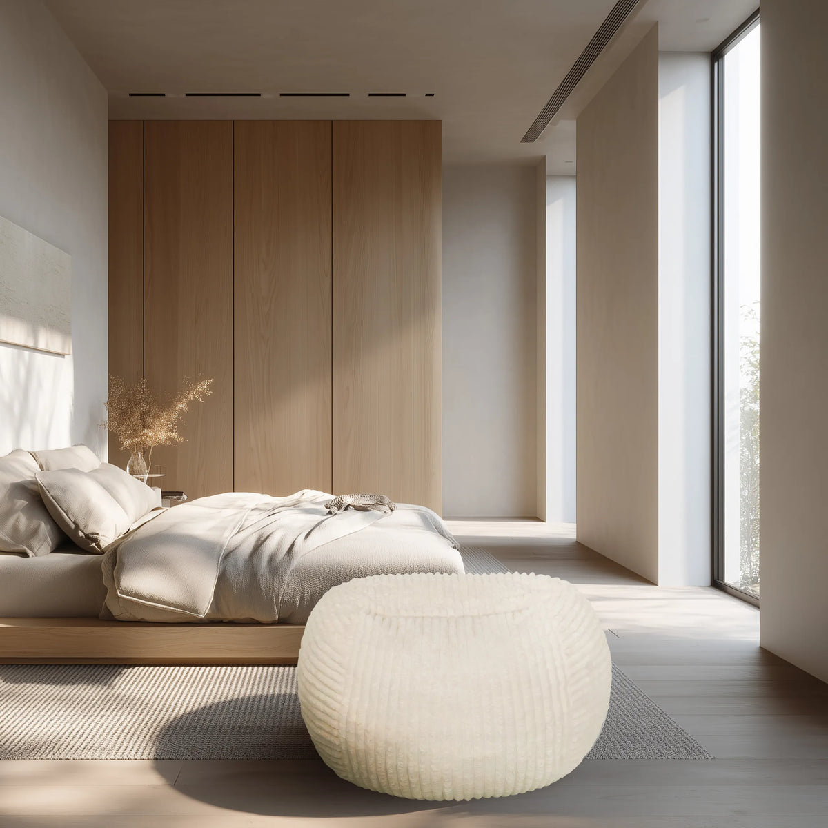 Puf Sitzolo R beige con textura superficial acanalada en una habitación luminosa de hjh LIVING