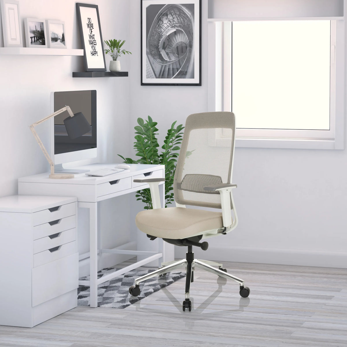 Silla de oficina profesional CHIARO T2 WHITE en beige y gris con respaldo de malla y ruedas para el teletrabajo de hjh OFFICE