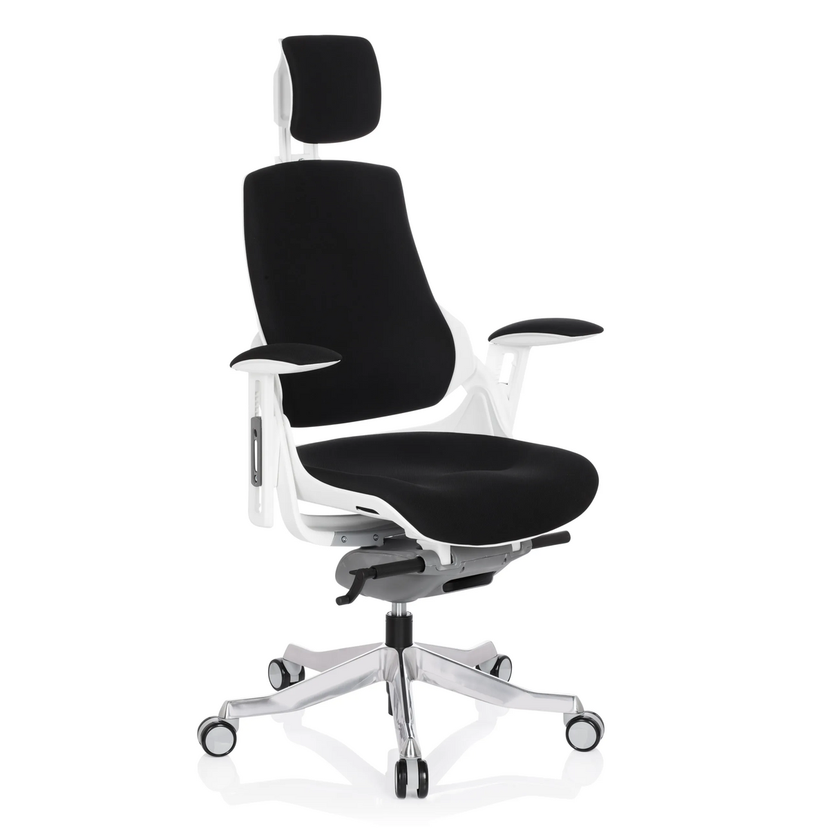 Silla de oficina profesional SPEKTRE negra con reposacabezas y base de cinco ruedas de hjh OFFICE – vista de 360° (vista frontal en diagonal 40°)