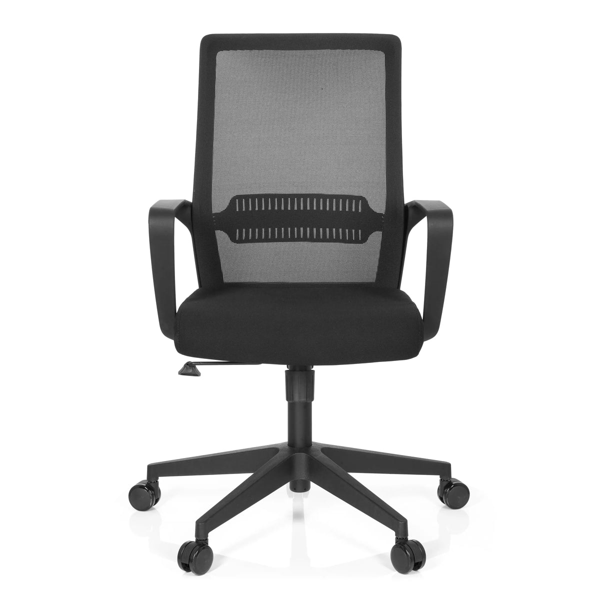 Silla Home Office PRESTON negra con respaldo de malla y base de cinco ruedas de hjh OFFICE – vista de 360° (vista frontal 0°)