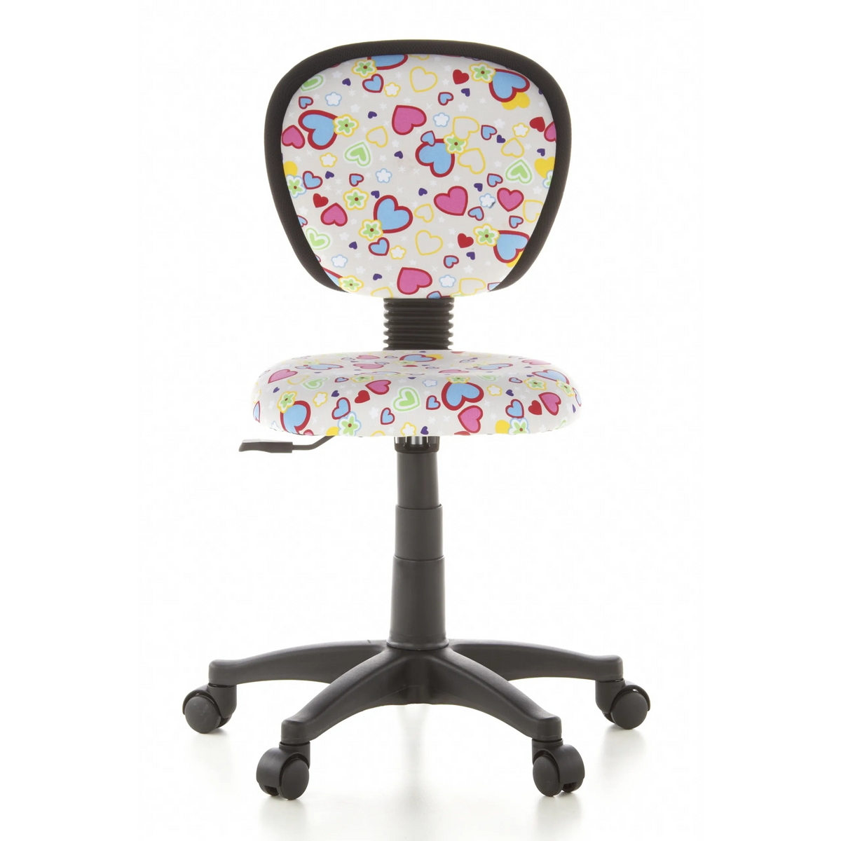 Silla giratoria para niños KIDDY TOP con estampado colorido de corazones y flores y base de cinco ruedas de hjh OFFICE – vista de 360° (vista frontal 0°)