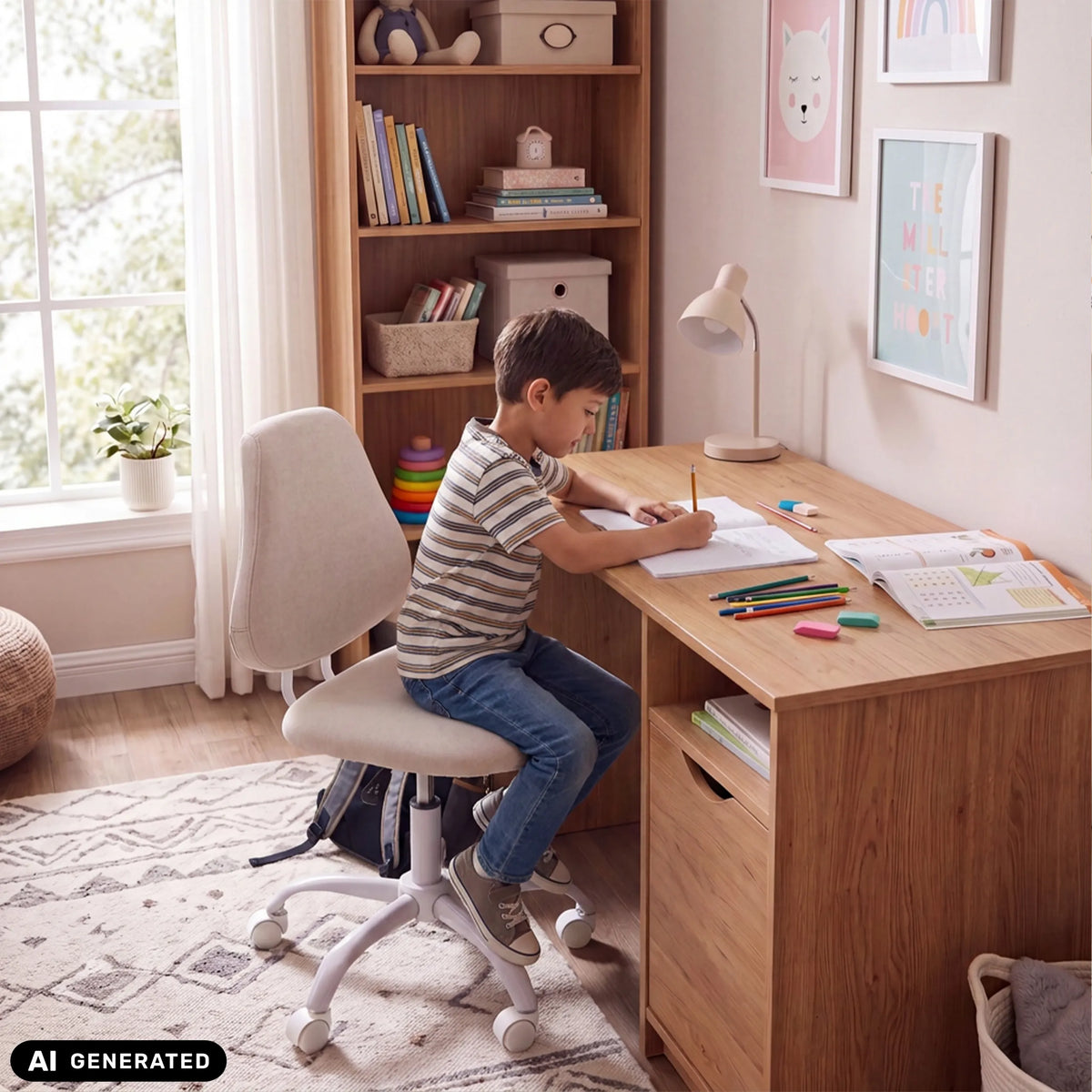 Silla giratoria para niños Lumikid de color beige en un escritorio de hjh OFFICE (imagen generada por IA)