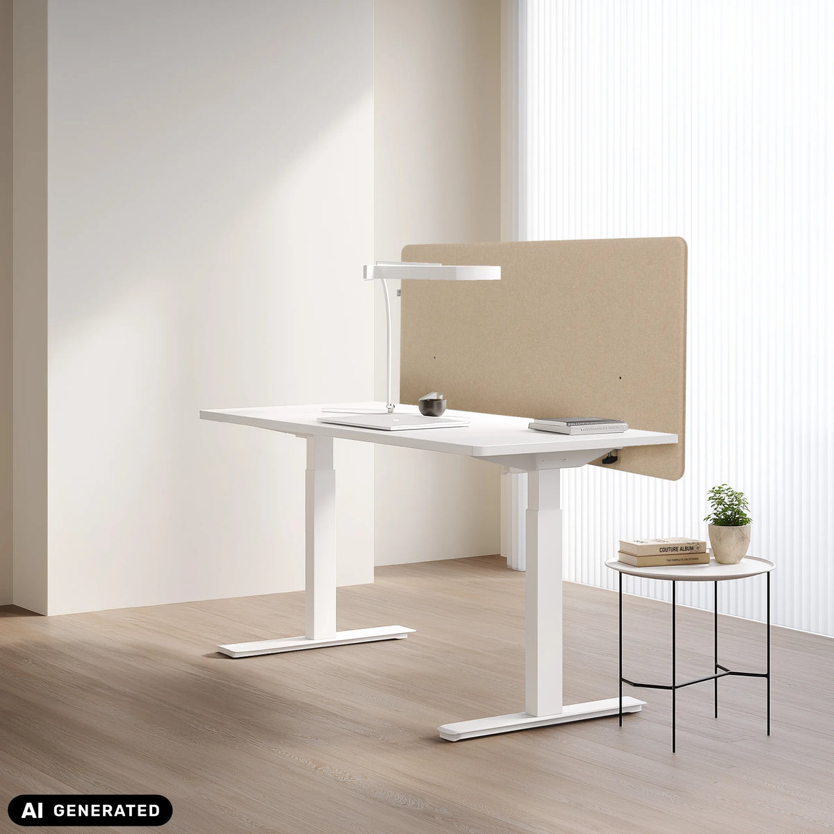 Separador de mesa FLEXMIUT D1 beige en un escritorio blanco de hjh OFFICE (imagen generada por IA)