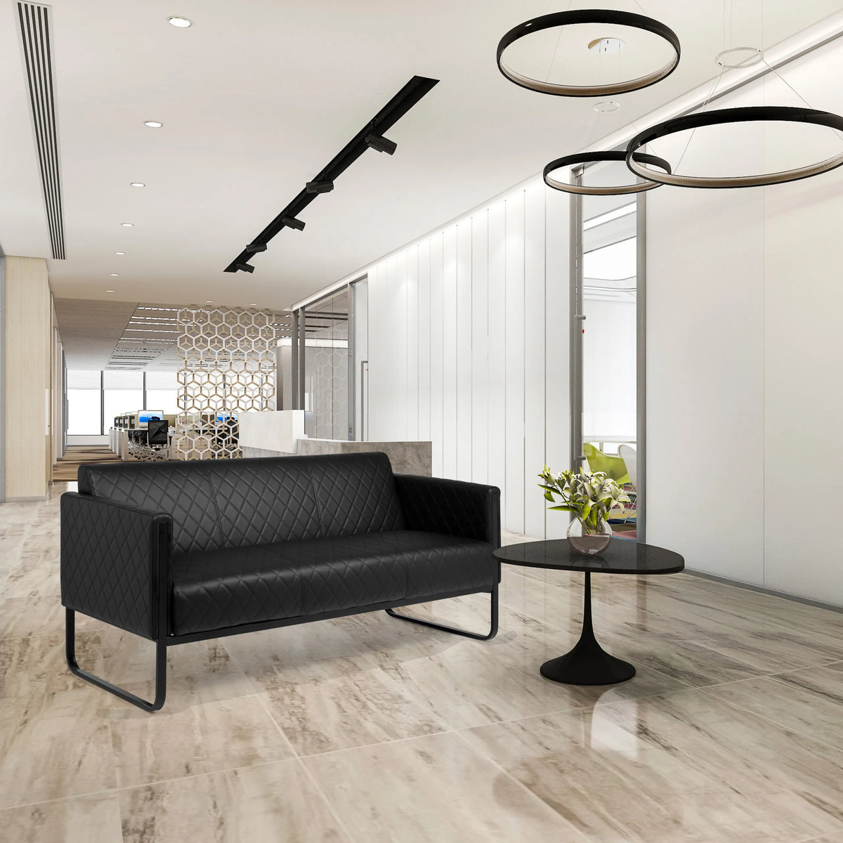 Sofá de diseño ARUBA BLACK negro de 3 plazas con tapizado acolchado y patas metálicas delgadas de hjh OFFICE