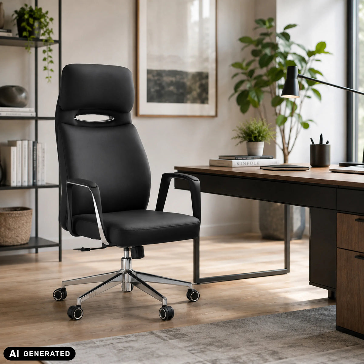 Sillón de oficina profesional VELVET ECO en color negro con estructura de cromo y ruedas para moqueta de hjh OFFICE