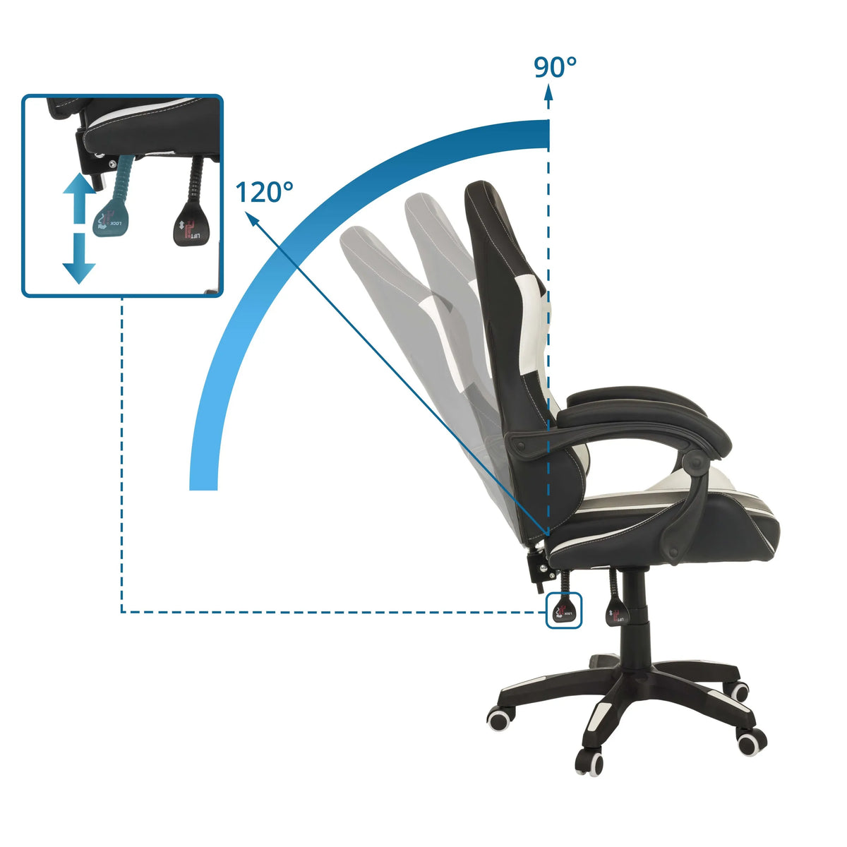 Respaldo ajustable con un ángulo de inclinación de 90 a 120 grados de la Silla gaming GAMEBREAKER W02 de MyBuero