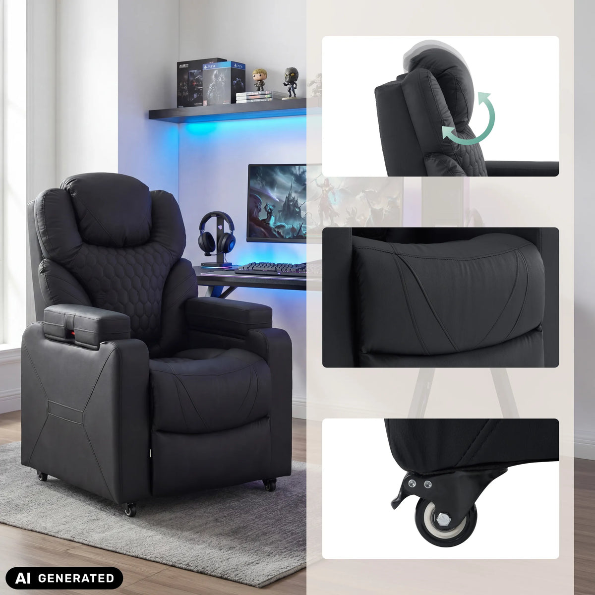 Sillón de diseño Game Sport RX negro con vistas detalladas del reposacabezas y las ruedas de hjh OFFICE (imagen generada por IA)