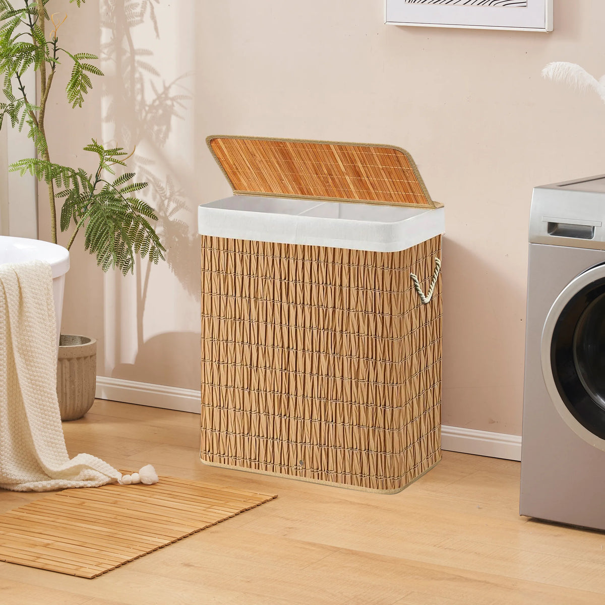 Cesta de ropa marrón FALSTER XL R con tapa de bambú, dos compartimentos y forro blanco de hjh LIVING