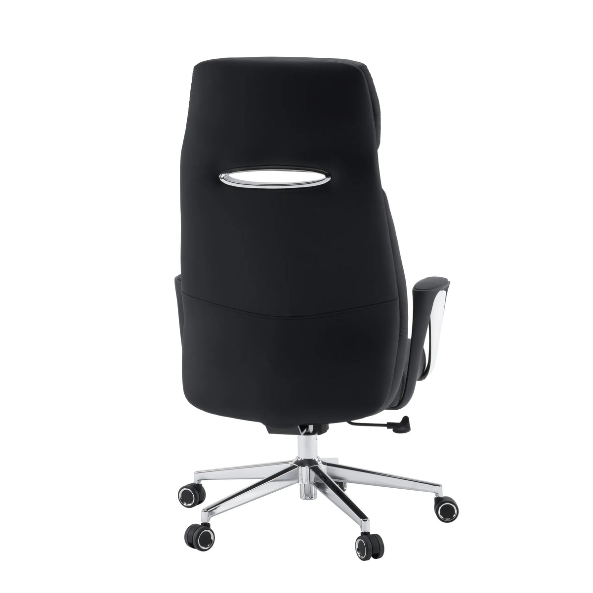 Vista posterior del sillón de oficina profesional VELVET ECO en negro con estructura de cromo y ruedas para moqueta de hjh OFFICE