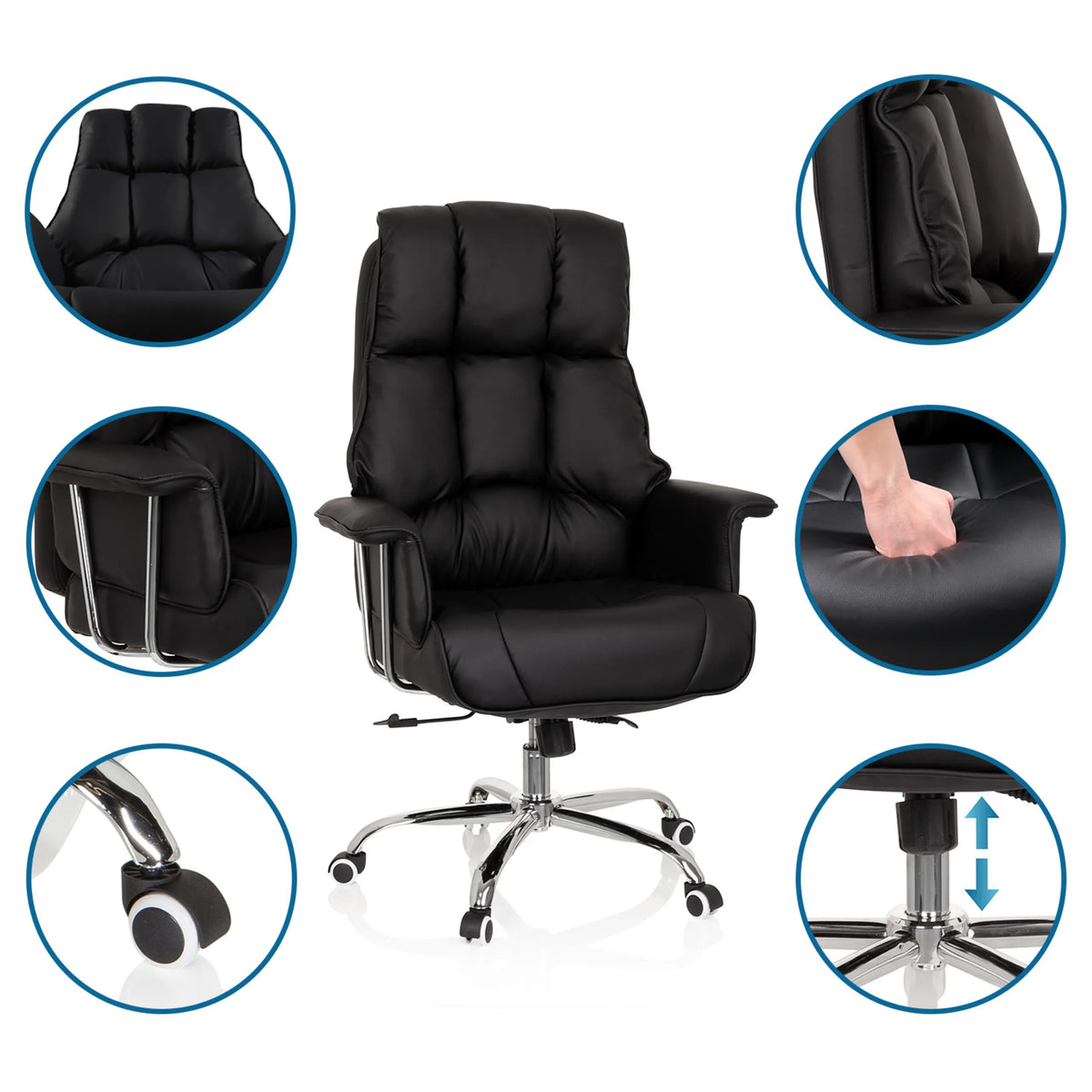Sillón de oficina profesional COMMANDER negro con vistas detalladas del tapizado, los reposabrazos y el pistón de gas de hjh OFFICE
