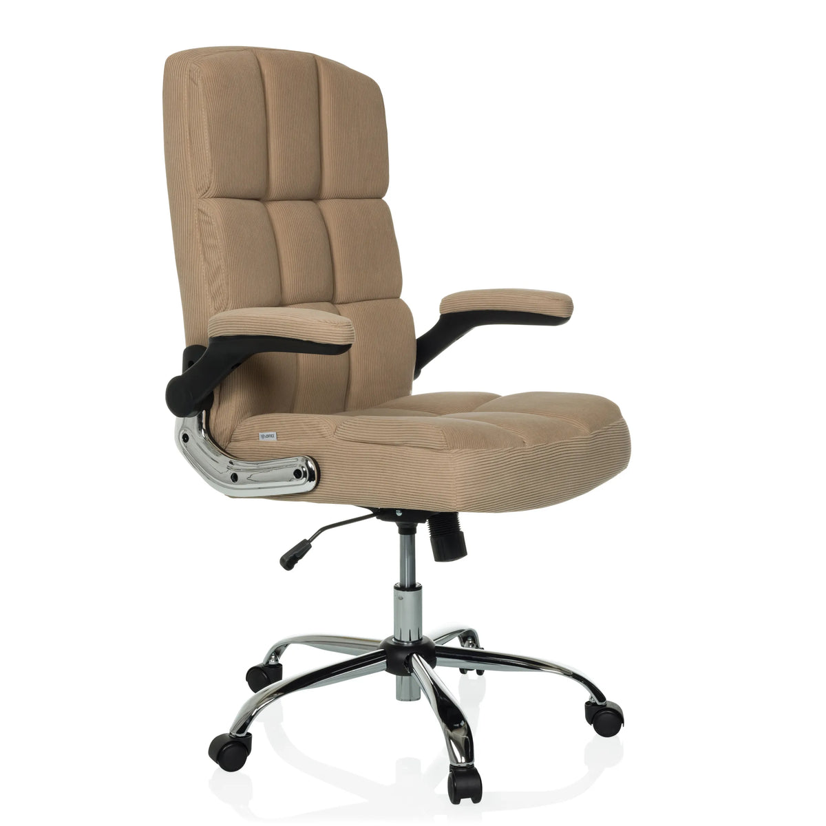 Sillón de oficina Home Office RELAX WD 100 beige con tapizado de pana y base de cinco ruedas de MyBuero – vista de 360° (vista frontal en diagonal 45°)