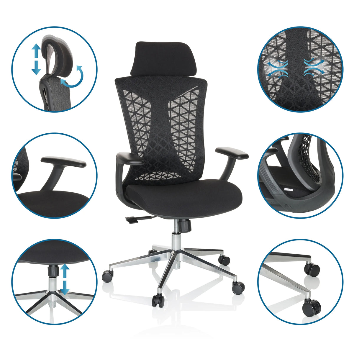 Silla de oficina profesional FALEO B en negro con reposacabezas, reposabrazos y ruedas ajustables de hjh OFFICE