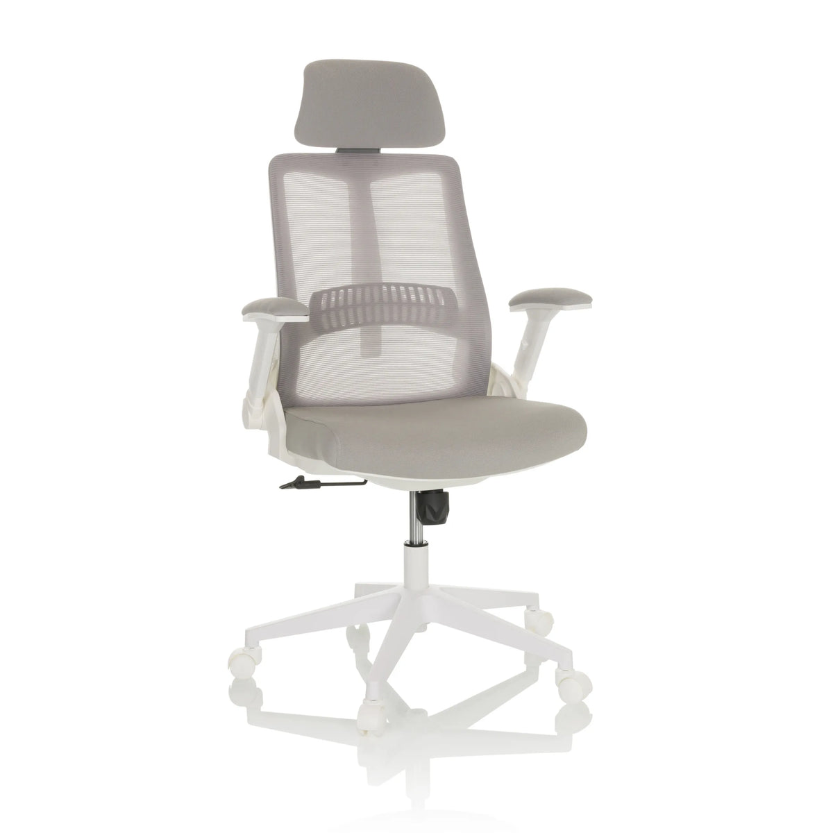 Silla Home Office VENDO W gris con respaldo de malla y base blanca de cinco ruedas de hjh OFFICE – vista de 360° (vista frontal 15°)