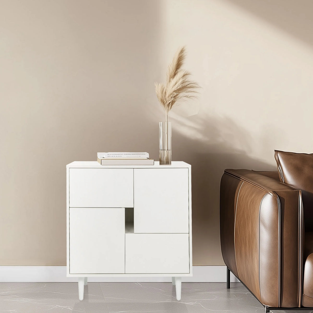Cómoda blanca LYKKJA con diseño frontal asimétrico y cuatro patas de hjh LIVING