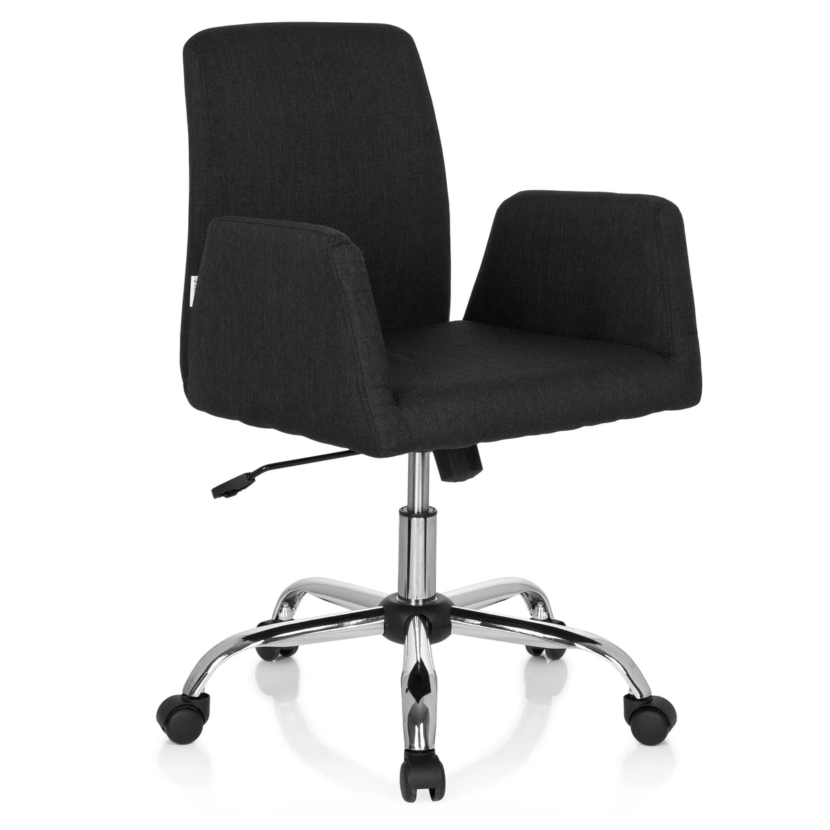 Silla Home Office FLOW negra con reposabrazos y base brillante de cinco ruedas de hjh OFFICE – vista de 360° (vista frontal en diagonal 40°)